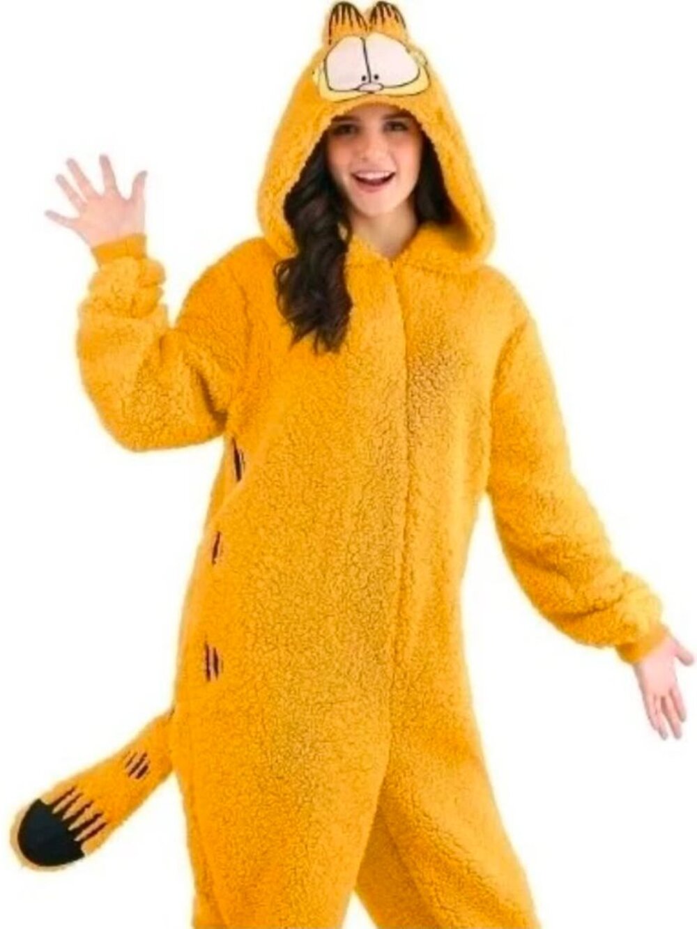PAWS Adult Large Garfield One-piece Costume Orange/Black Hooded with Tail